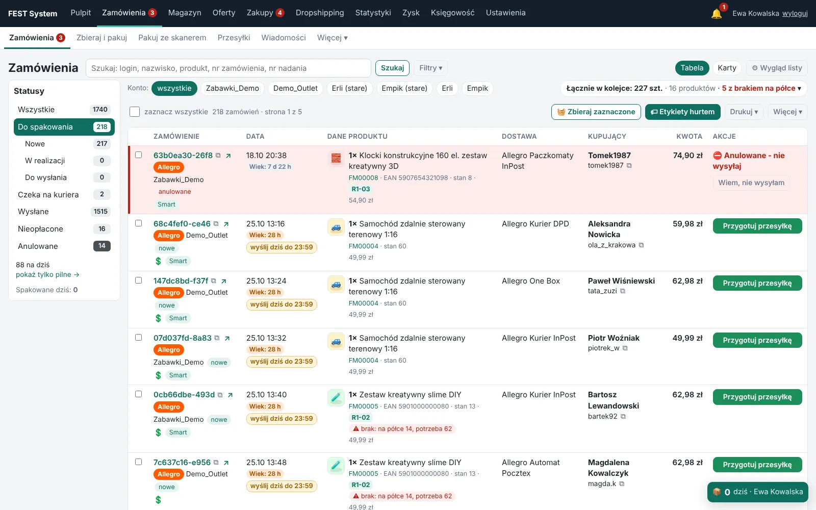 Lista zamówień w programie FEST System